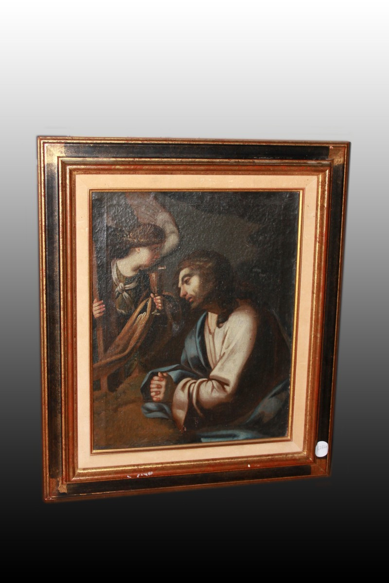 Bellissimo olio su tela francese del 1600 raffigurante Cristo Gesù con Angelo. Cornice in stile