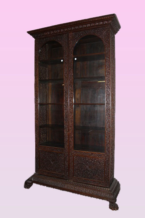 Grande libreria Indiana della seconda metà del 1800 in legno esotico