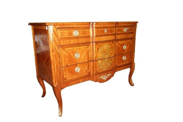 Comò francese di metà 1800, stile Transizione, in legno di mogano e bois de rose-photo-4