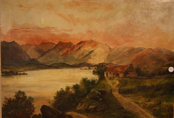 Olio su tela inglese di metà 1800 raffigurante paesaggio campestre al tramonto con abitazione -photo-2