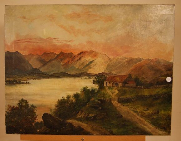 Olio su tela inglese di metà 1800 raffigurante paesaggio campestre al tramonto con abitazione 
