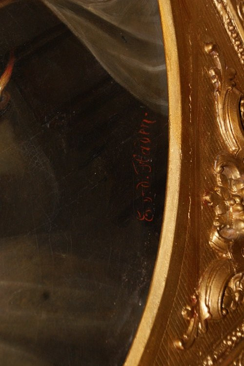 Splendido olio su tela francese di inizio 1800 raffigurante ritratto di Fanciulla con velo-photo-2