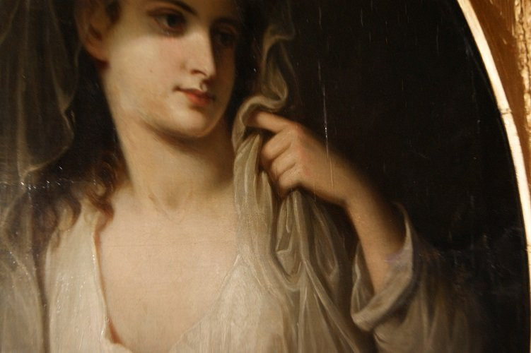 Splendido olio su tela francese di inizio 1800 raffigurante ritratto di Fanciulla con velo-photo-3