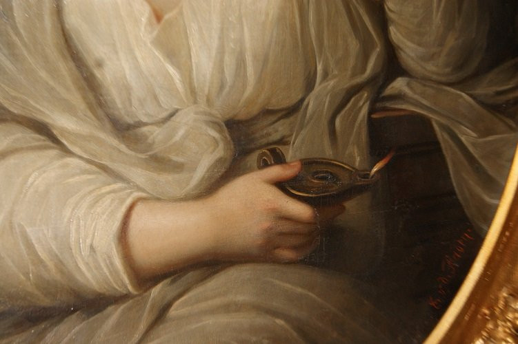 Splendido olio su tela francese di inizio 1800 raffigurante ritratto di Fanciulla con velo-photo-4