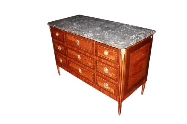 Comò francese stile Luigi XVI di inizio 1800 con piano in marmo e intarsi-photo-2