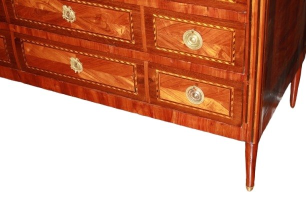 Comò francese stile Luigi XVI di inizio 1800 con piano in marmo e intarsi-photo-4