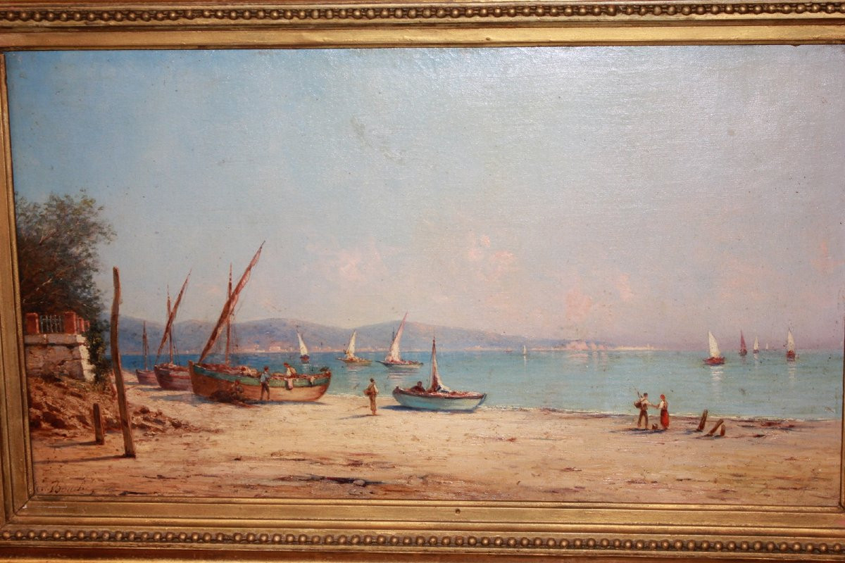 Olio su tela francese del XIX secolo Raffigurante Veduta Marina con Personaggi-photo-2