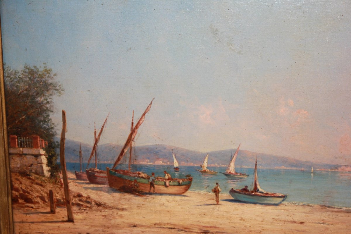Olio su tela francese del XIX secolo Raffigurante Veduta Marina con Personaggi-photo-3