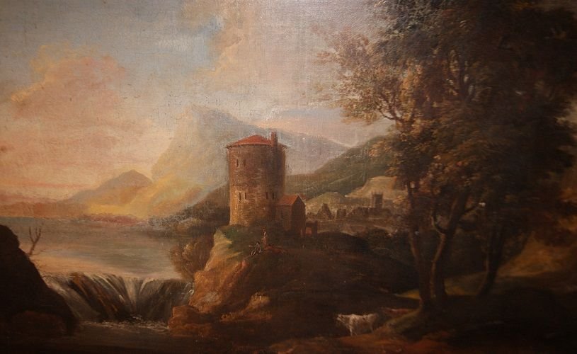 Olio su tela italiano del 1700 raffigurante paesaggio con personaggi, cascata e veduta cittadin-photo-2