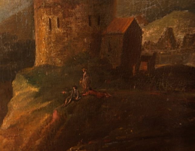 Olio su tela italiano del 1700 raffigurante paesaggio con personaggi, cascata e veduta cittadin-photo-4