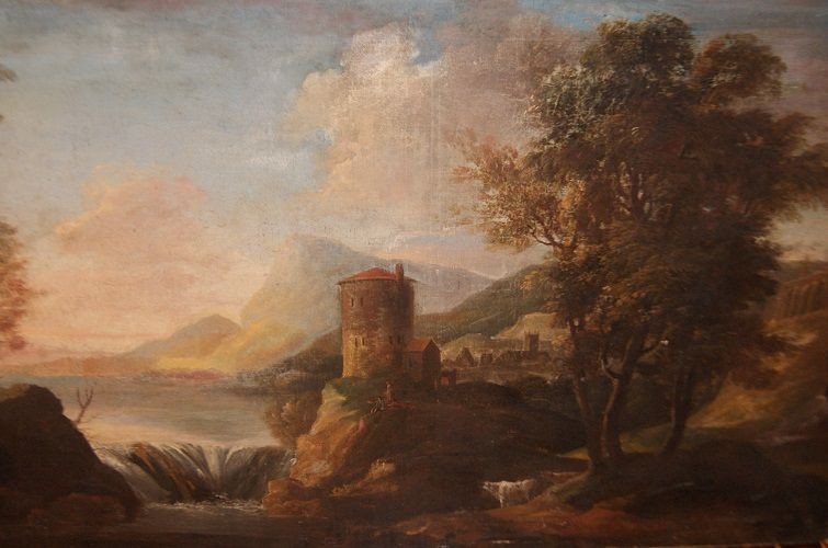 Olio su tela italiano del 1700 raffigurante paesaggio con personaggi, cascata e veduta cittadin