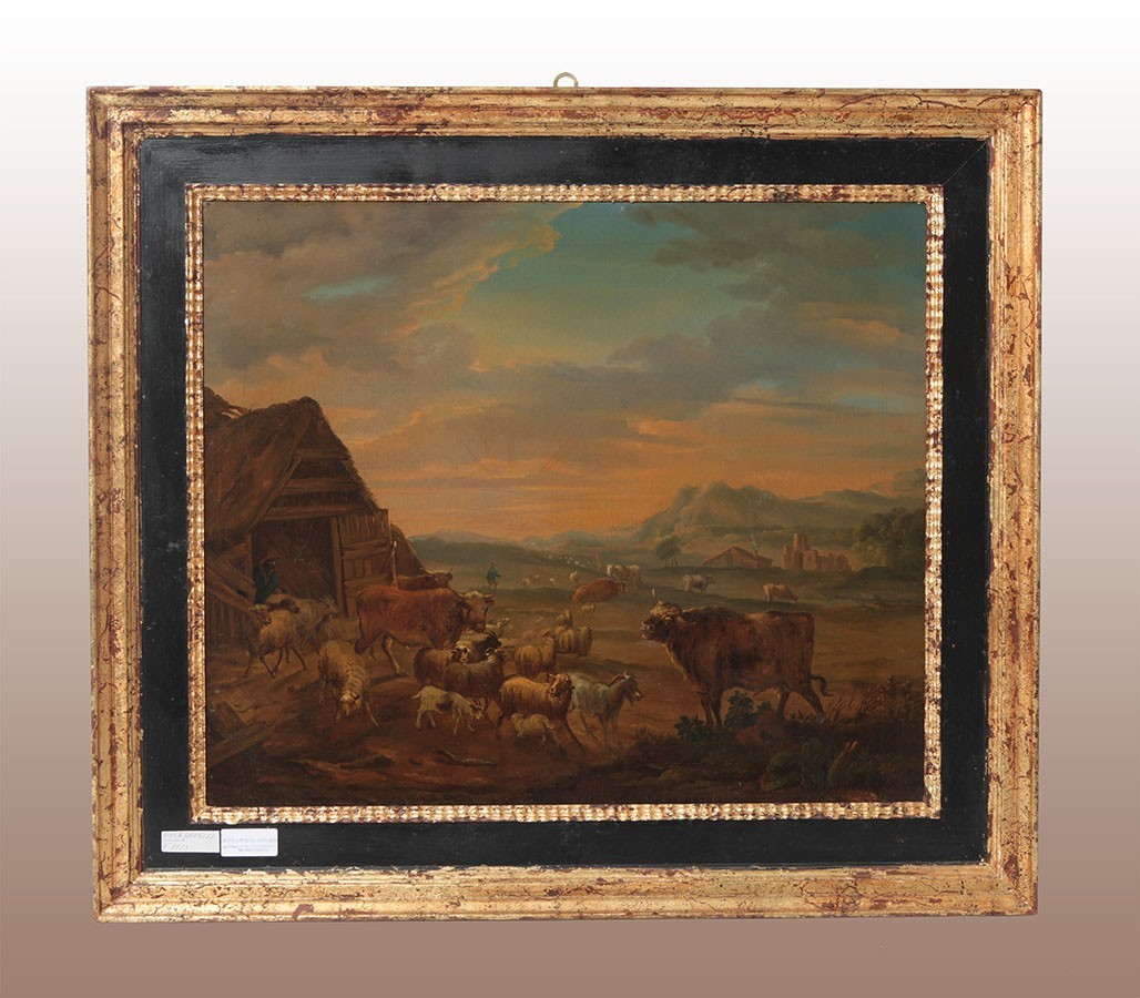 Olio su tela raffigurante animali al pascolo. Cornice di epoca successiva. Provenienza: Olanda 