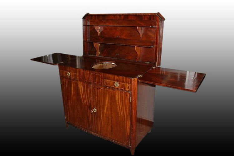 Credenza piattaia olandese di fine 1700 inizio 1800, stile Luigi XVI, in legno di mogano e pium-photo-2