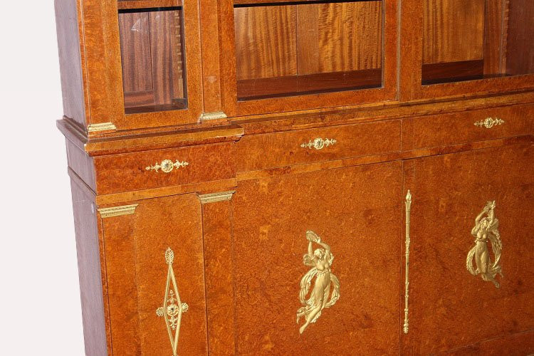 Grande libreria francese della seconda metà del 1800, stile Impero, in legno di maples e radica-photo-3