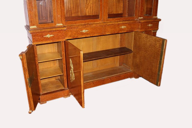 Grande libreria francese della seconda metà del 1800, stile Impero, in legno di maples e radica-photo-3