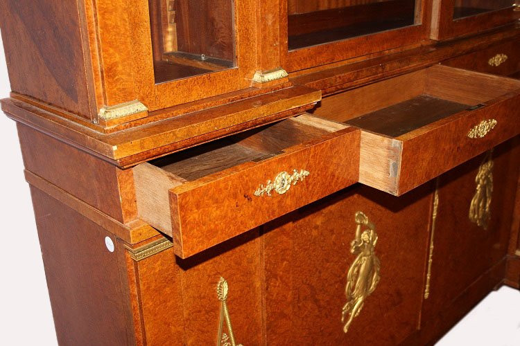 Grande libreria francese della seconda metà del 1800, stile Impero, in legno di maples e radica-photo-4