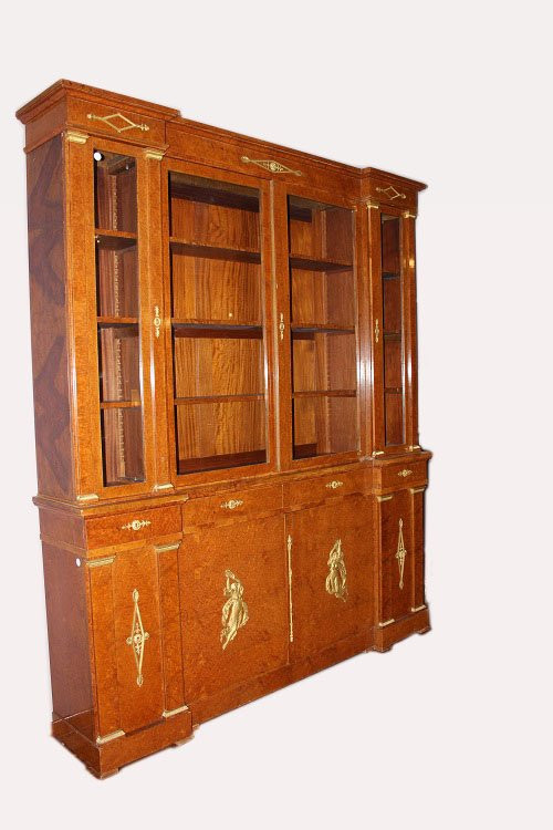 Grande libreria francese della seconda metà del 1800, stile Impero, in legno di maples e radica-photo-5