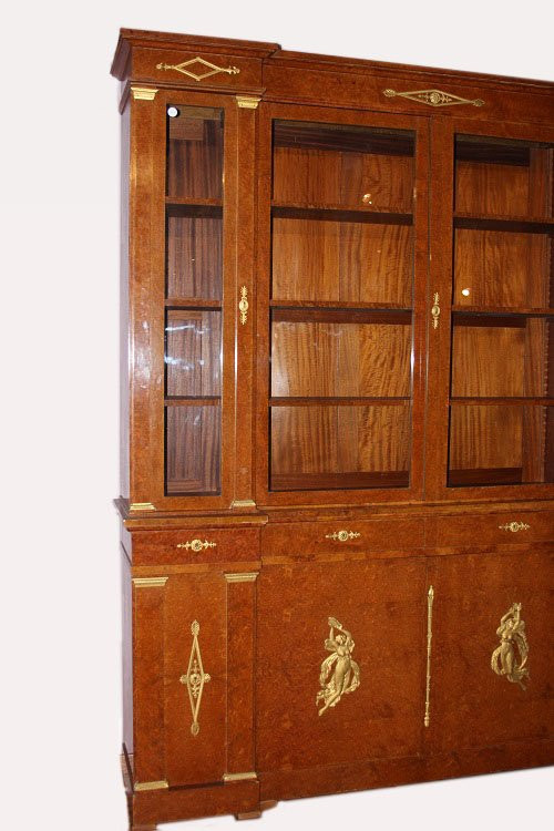 Grande libreria francese della seconda metà del 1800, stile Impero, in legno di maples e radica-photo-6