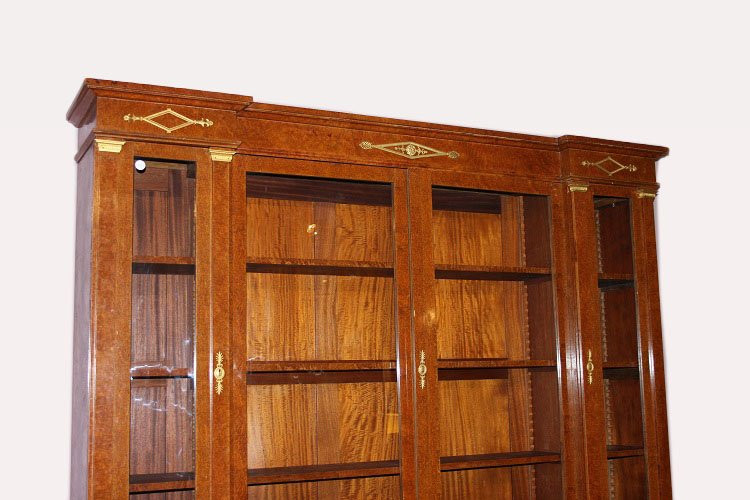 Grande libreria francese della seconda metà del 1800, stile Impero, in legno di maples e radica-photo-7