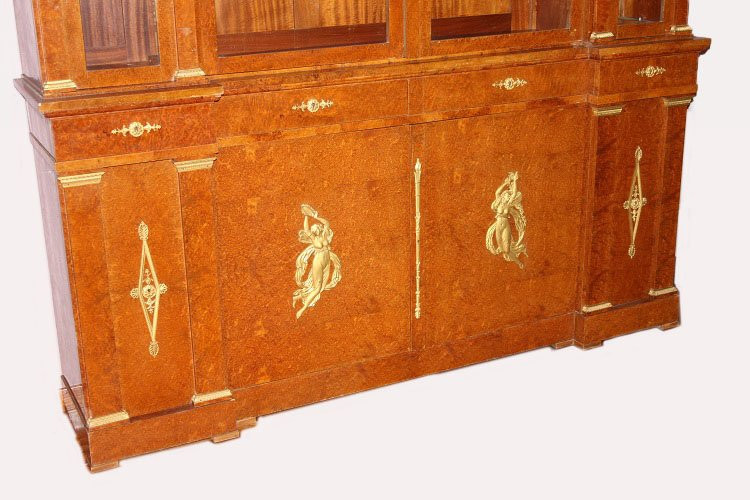 Grande libreria francese della seconda metà del 1800, stile Impero, in legno di maples e radica-photo-8
