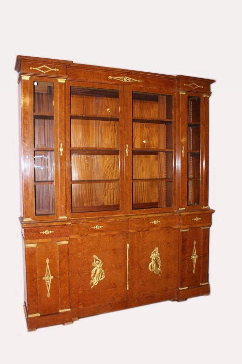 Grande libreria francese della seconda metà del 1800, stile Impero, in legno di maples e radica