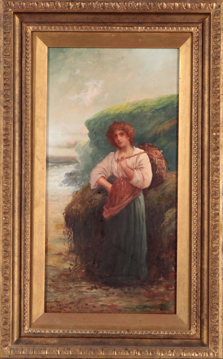 Olio su tela raffigurante personaggio femminile ritratto a figura intera nei pressi di un corso