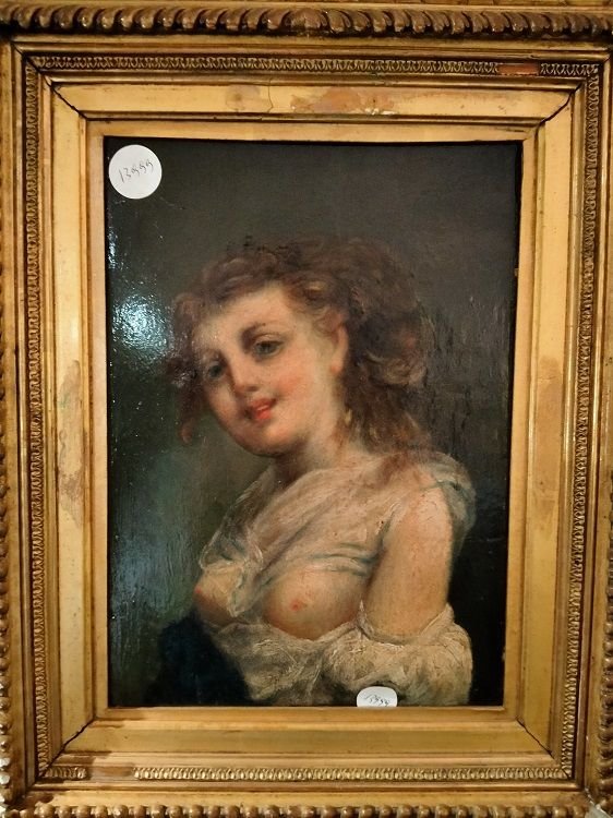 Olio su tavola raffigurante donna con volto provocante e con indosso un vestito che le tiene i -photo-2