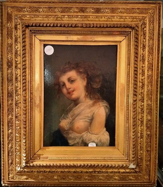 Olio su tavola raffigurante donna con volto provocante e con indosso un vestito che le tiene i 
