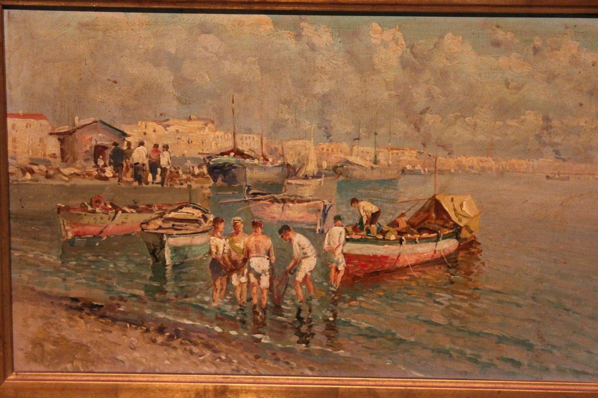 Olio su tavola italiano di fine 1800 raffigurante Porto con Barche e Pescatori-photo-3