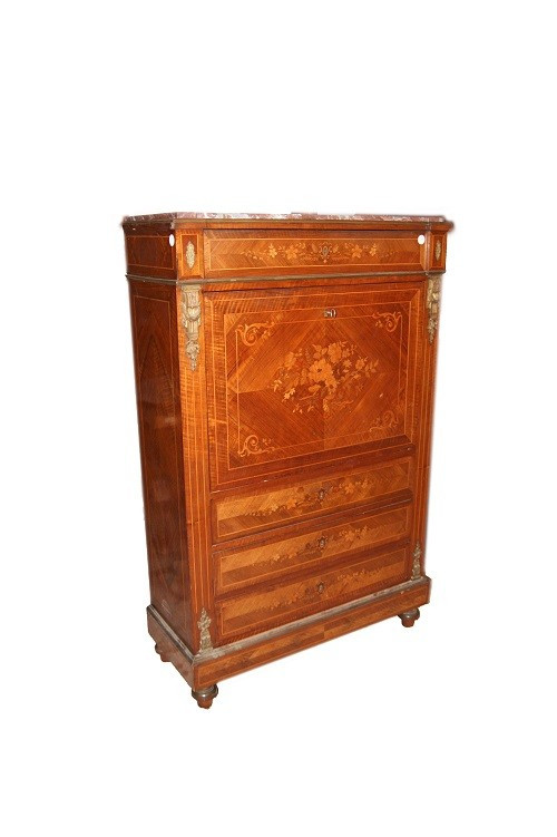 Secretaire francese della seconda metà del 1800, stile Luigi XVI, in legno di bois de rose