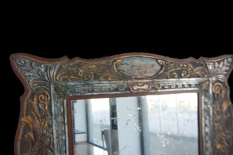 Bellissima specchiera francese del 1900 in pelle riccamente decorata e dipinta-photo-2