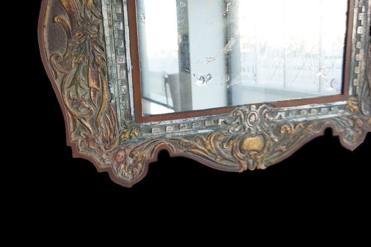 Bellissima specchiera francese del 1900 in pelle riccamente decorata e dipinta-photo-3