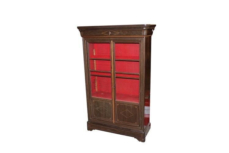 Vetrina libreria francese della seconda metà 1800, stile Carlo X, in legno di Ebano