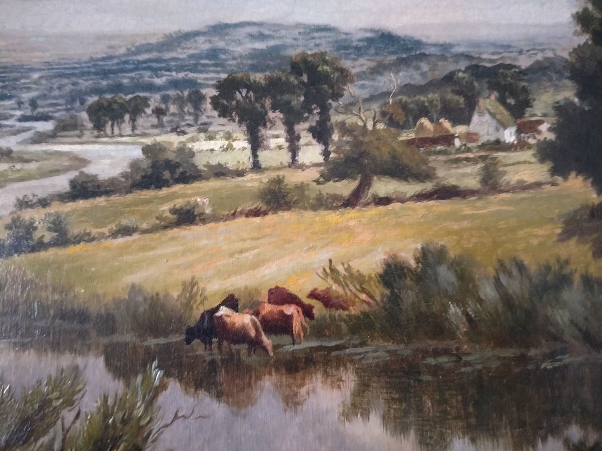Olio su tela raffigurante paesaggio fluviale con personaggi e animai al pascolo. Cornice coeva -photo-4