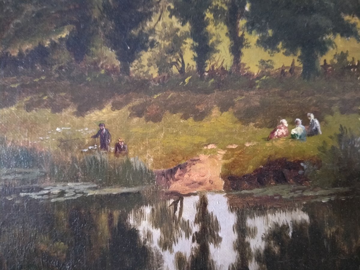 Olio su tela raffigurante paesaggio fluviale con personaggi e animai al pascolo. Cornice coeva -photo-2
