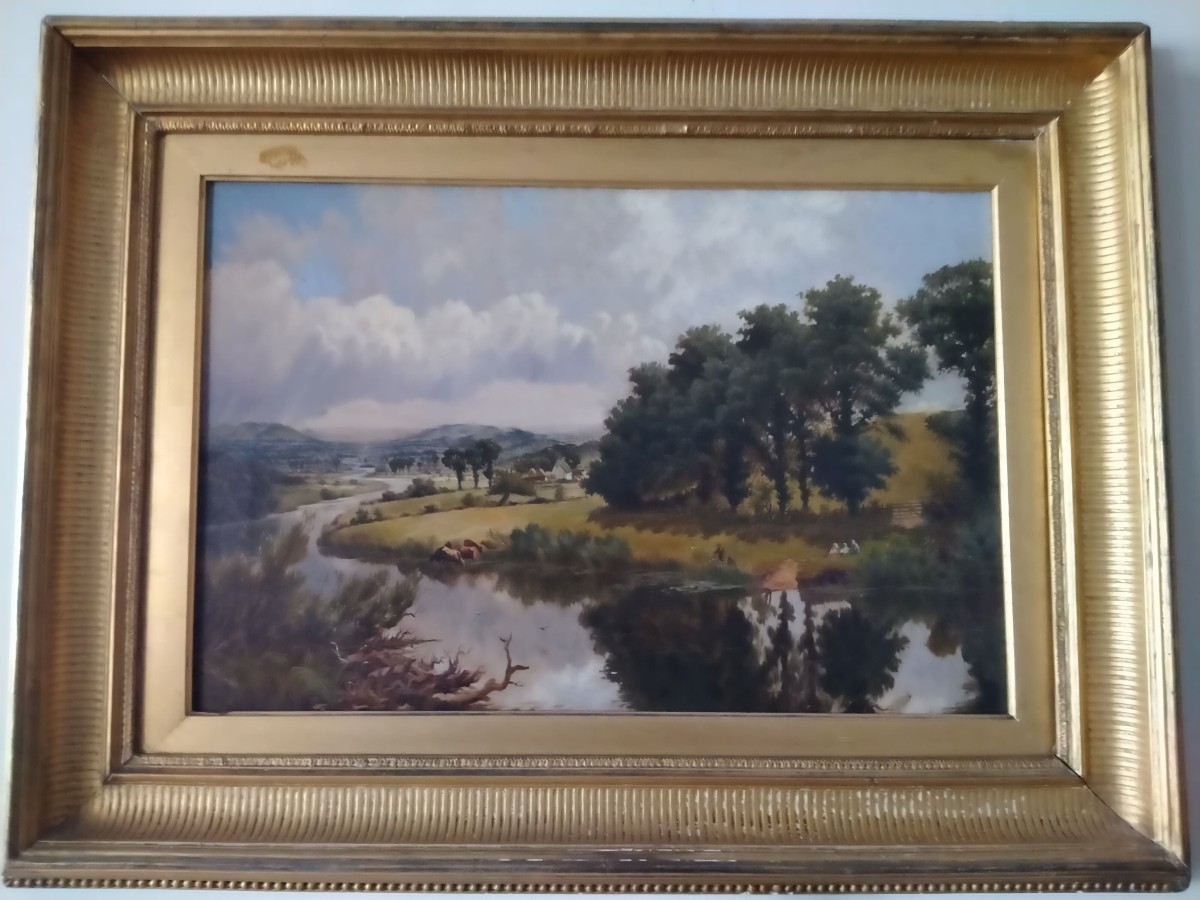 Olio su tela raffigurante paesaggio fluviale con personaggi e animai al pascolo. Cornice coeva 