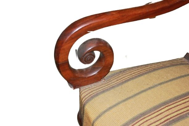 Coppia di poltrone francese del 1800 in mogano stile direttorio con tessuto fasciato-photo-3