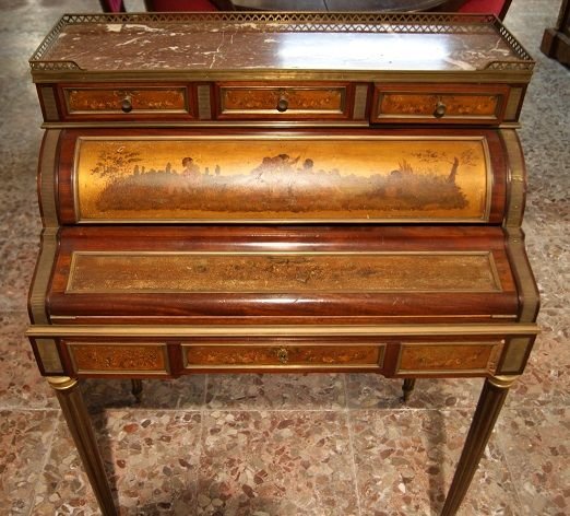 Scrittoio francese a rullo, in mogano, della metà del 1800 stile Luigi XVI con dipinti tecnica -photo-2