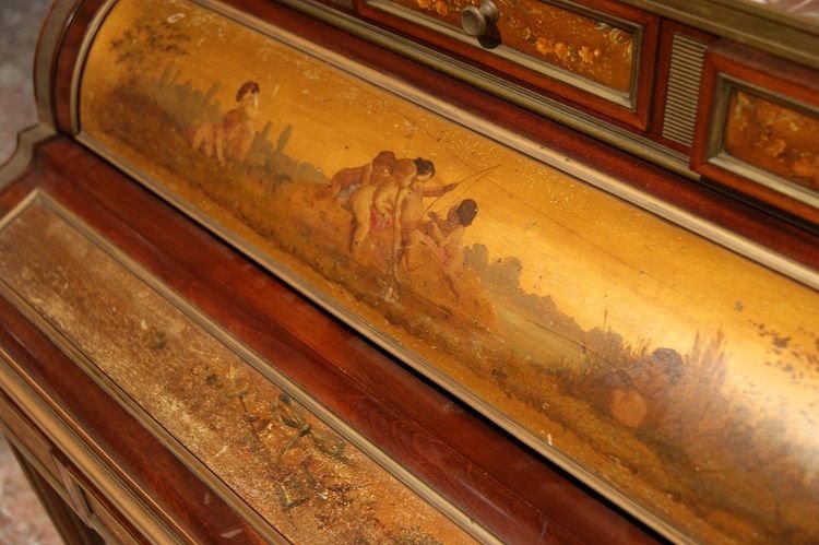 Scrittoio francese a rullo, in mogano, della metà del 1800 stile Luigi XVI con dipinti tecnica -photo-3