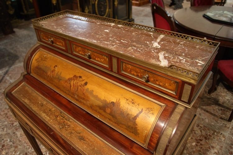 Scrittoio francese a rullo, in mogano, della metà del 1800 stile Luigi XVI con dipinti tecnica -photo-4