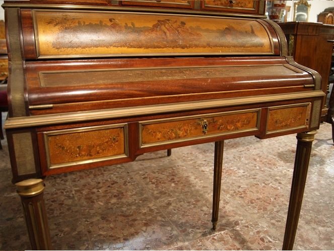 Scrittoio francese a rullo, in mogano, della metà del 1800 stile Luigi XVI con dipinti tecnica -photo-1