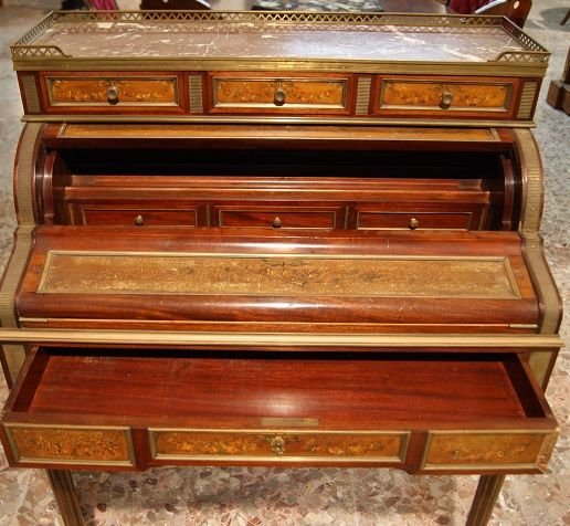 Scrittoio francese a rullo, in mogano, della metà del 1800 stile Luigi XVI con dipinti tecnica -photo-2