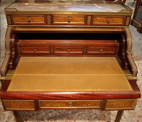 Scrittoio francese a rullo, in mogano, della metà del 1800 stile Luigi XVI con dipinti tecnica -photo-3