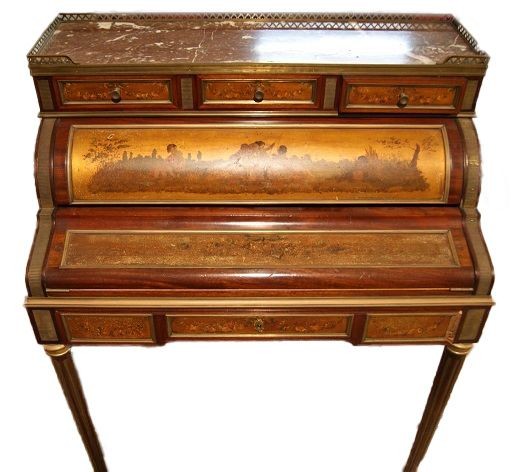 Scrittoio francese a rullo, in mogano, della metà del 1800 stile Luigi XVI con dipinti tecnica 