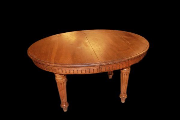 Tavolo francese ovale allungabile di fine 1800, stile Luigi XVI, in legno di noce-photo-2
