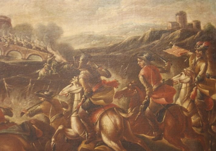 Coppia di oli su tela italiani della seconda metà 1600 raffiguranti Battaglia-photo-1