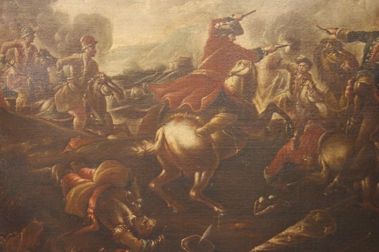 Coppia di oli su tela italiani della seconda metà 1600 raffiguranti Battaglia-photo-6