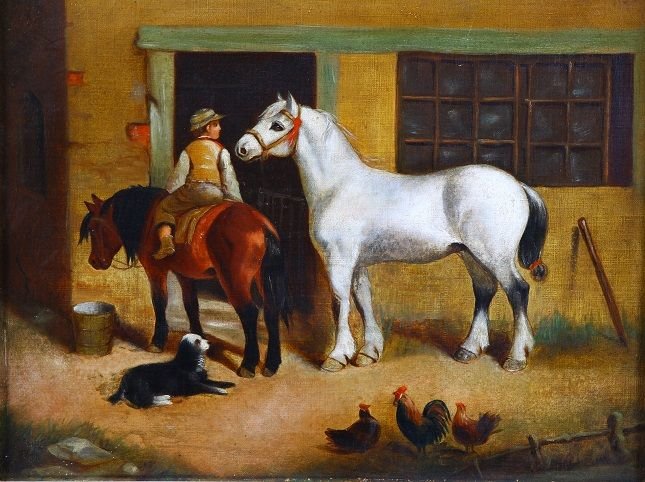 Olio su tela inglese della seconda metà del 1800, raffigurante bambino a cavallo.-photo-2