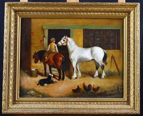 Olio su tela inglese della seconda metà del 1800, raffigurante bambino a cavallo.