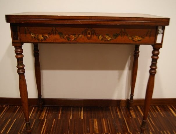 Tavolino da gioco inglese della prima metà del 1800 stile Sheraton, in legno Satinwood-photo-4